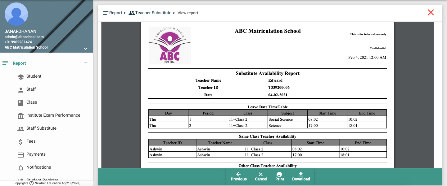 How to Create Staff Substitute Availability Report?-Substitute Availability Report details Image