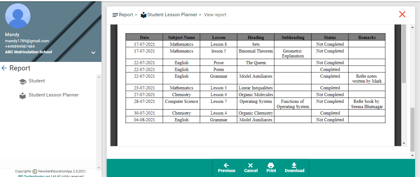 Student Lesson Planner Report- Details table 2
